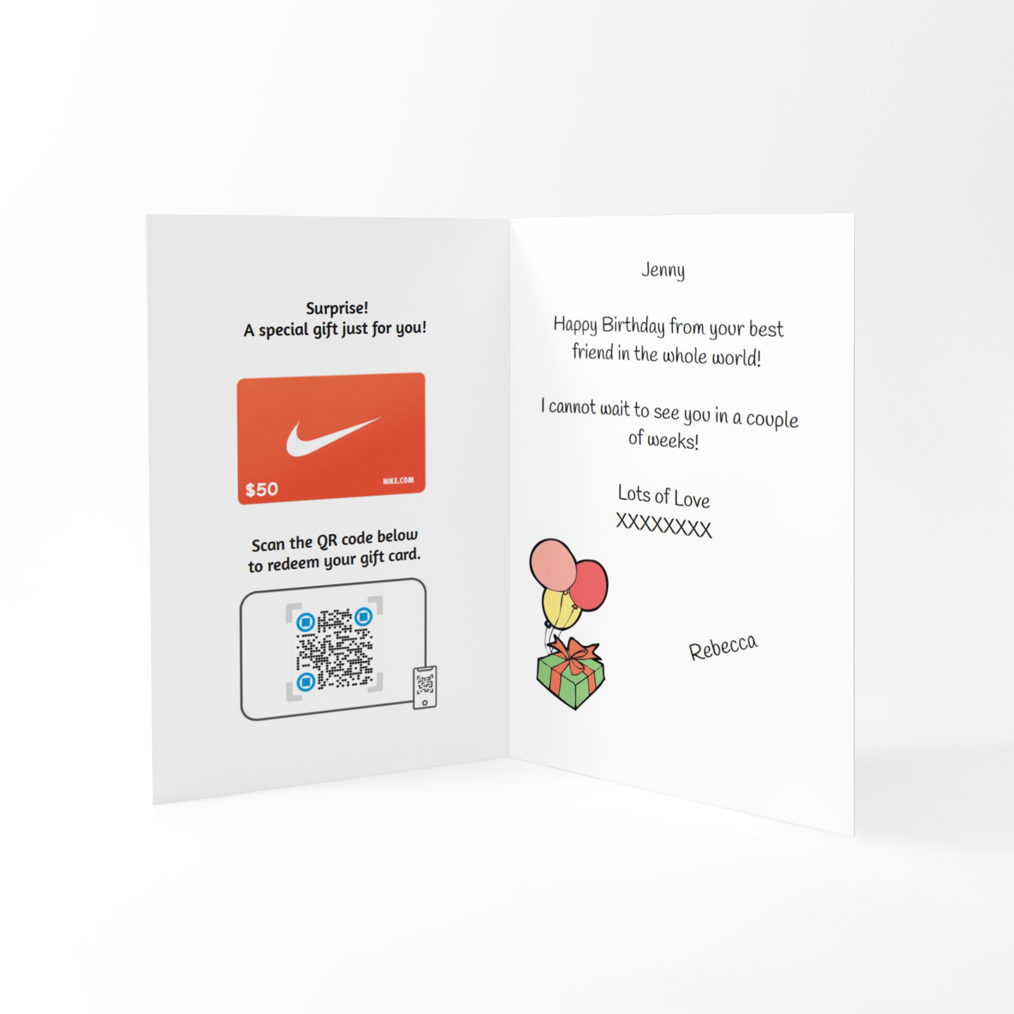 Personalized greeting card with gift card and QR code