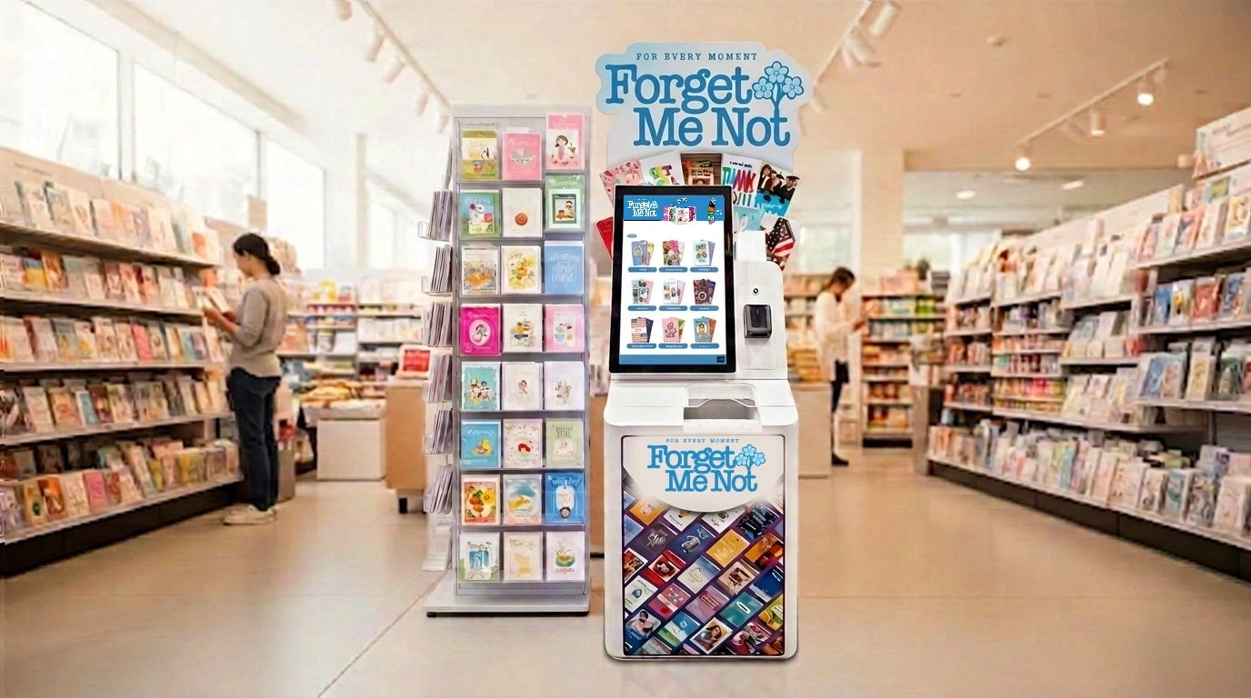 Forget Me Not greeting card kiosk in a retail store aisle